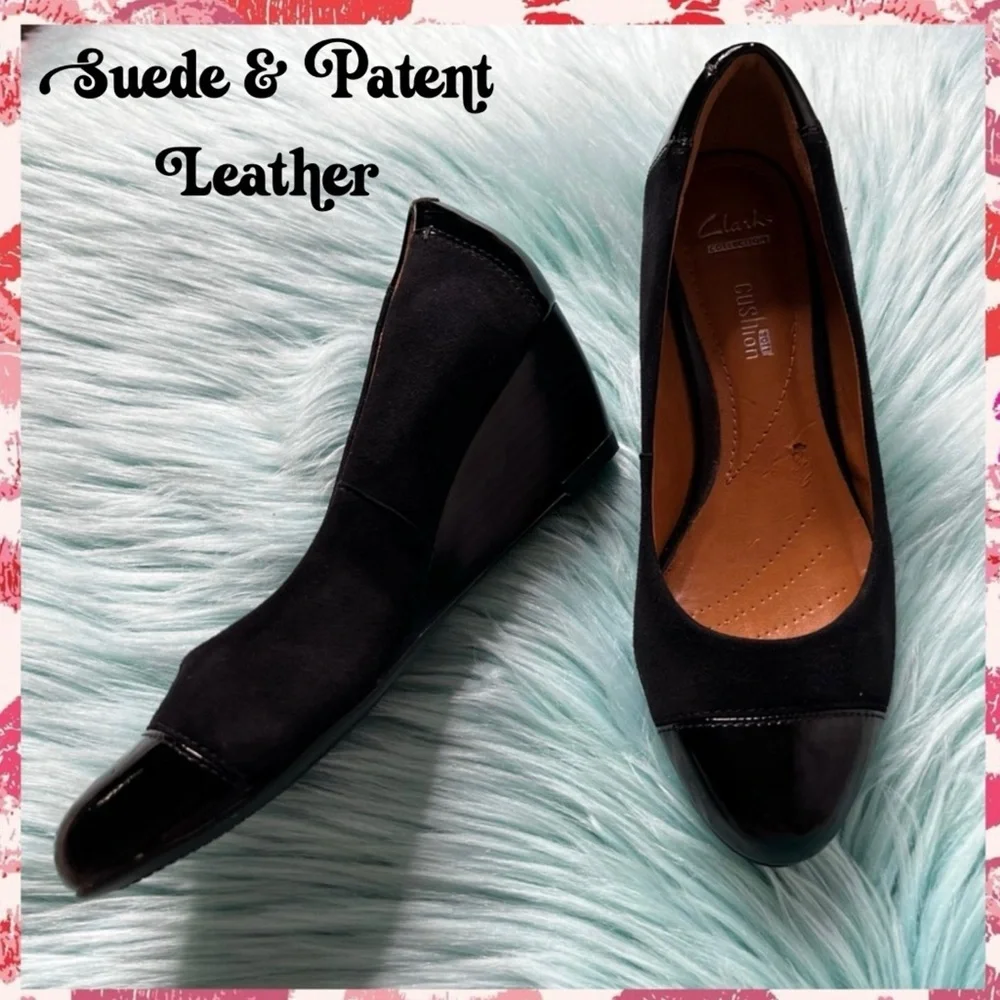 Clarks Black SUEDE & PATENT LEATHER Cap Toe Soft Cushion Low Wedges Women's 6